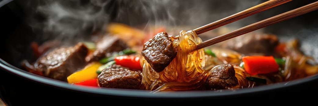 Glass noodles with vegetables and beef. AI generative.