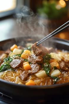 Glass noodles with vegetables and beef. AI generative.