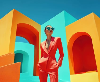 An elegant and sophisticated model  wearing a ready-to-wear collection in a vibrant pop art probabilistic color palette.Ai generative.