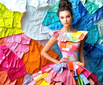 An elegant and sophisticated model  wearing a ready-to-wear collection in a vibrant pop art probabilistic color palette.Ai generative.