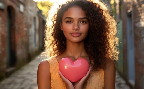 A young woman holding a large red heart in her hands. AI generative.