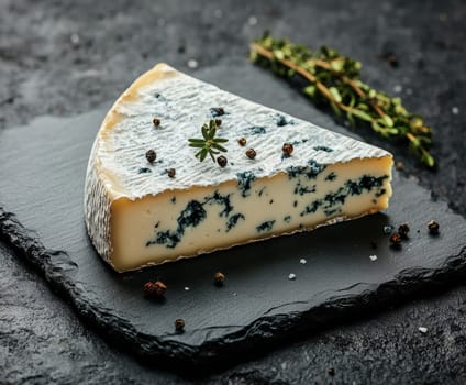 A wedge of blue cheese with visible veins of mold, placed on a slate serving board . AI generative.
