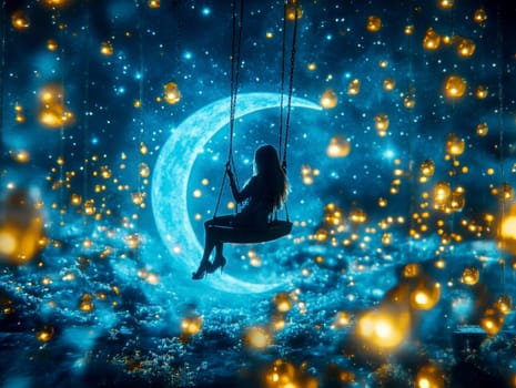 Sitting and hustling on the Crescent Moon girl, in the background the night sky full of stars. AI generative.