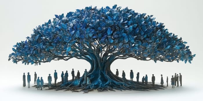 Graphic depicting a tree of life and a family standing under it. AI generative.