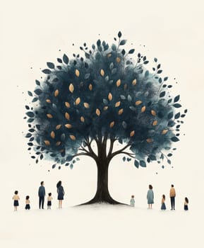 Graphic depicting a tree of life and a family standing under it. AI generative.