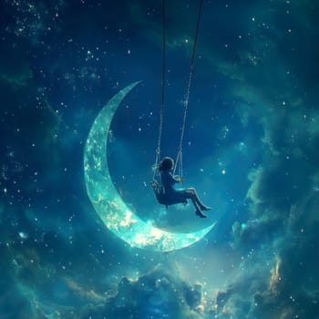 Sitting and hustling on the Crescent Moon girl, in the background the night sky full of stars. AI generative.