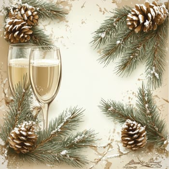 beautiful card with fir tree branches with champagne and garlands for christmas. AI generative.