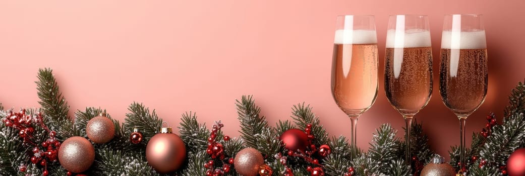 beautiful card with fir tree branches with champagne and garlands for christmas. AI generative.