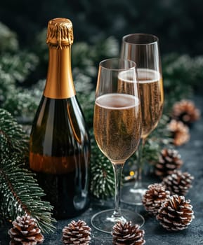 beautiful card with fir tree branches with champagne and garlands for christmas. AI generative.