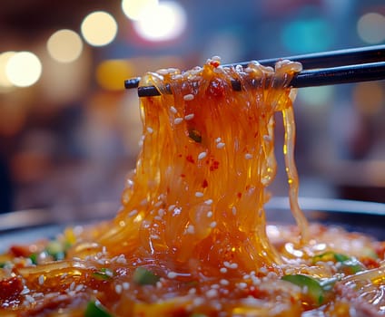 Glass noodles with vegetables and beef. AI generative.