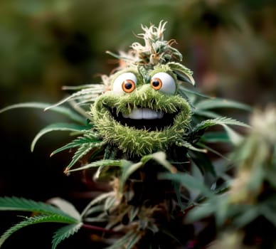 cannibis buds with a happy realistic face on a cannibis plant . AI generative.