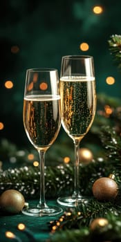 beautiful card with fir tree branches with champagne and garlands for christmas. AI generative.