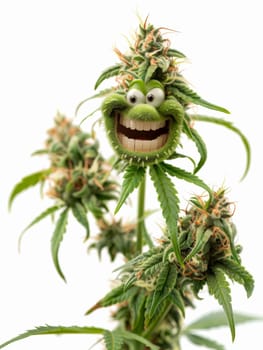 cannibis buds with a happy realistic face on a cannibis plant . AI generative.