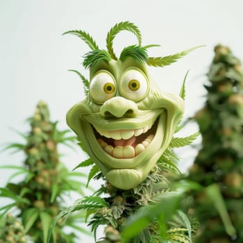 cannibis buds with a happy realistic face on a cannibis plant . AI generative.