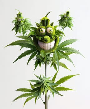 cannibis buds with a happy realistic face on a cannibis plant . AI generative.