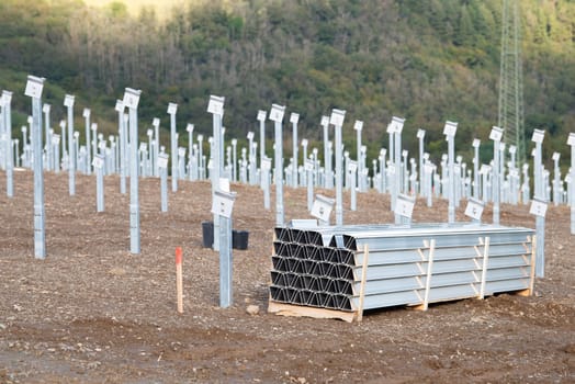 Construction site for solar panel system, transformation to renewable sustainable energy, environmental conversation