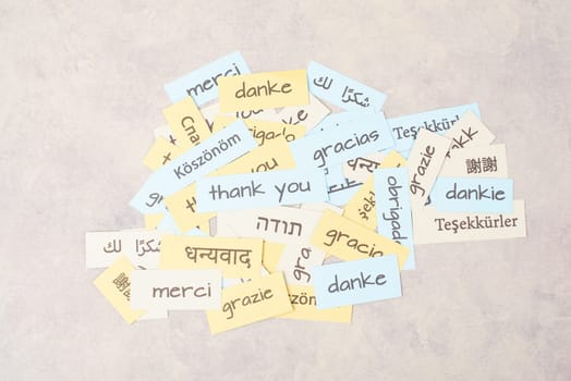 Thank you day, word thanks in different languages, being thankful, support, help and charity concept
