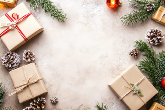 Decorative wrapped gifts are placed around a winter themed backdrop with pine branches and ornaments creating a cozy holiday atmosphere.