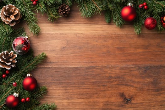 A rustic wooden table adorned with red ornaments pinecones and evergreen branches creating a delightful holiday atmosphere.