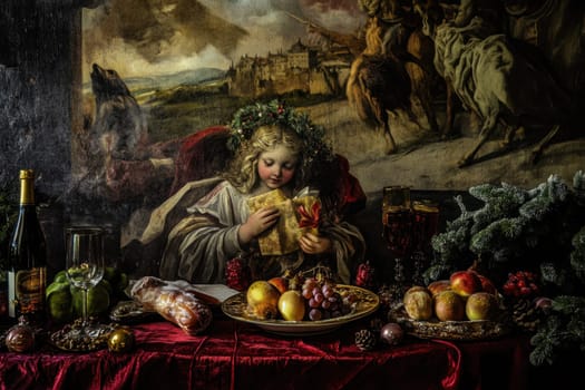 A child adorned with a wreath sits at a table filled with festive treats gifts and drinks creating a joyful holiday atmosphere.