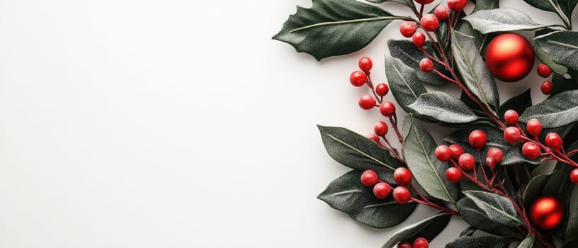 Bright red berries and glossy ornaments arranged on lush green leaves create a festive holiday atmosphere against a clean background.