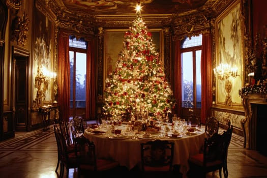 A beautifully decorated Christmas tree stands in an ornate dining room surrounded by an exquisite table setting inviting holiday festivities.