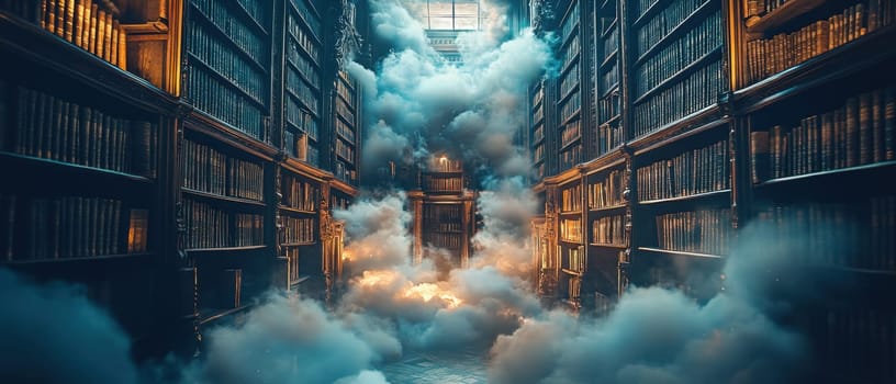 A dimly lit library filled with towering bookshelves and thick fog illuminated by a warm glow evokes a sense of mystery and intrigue.