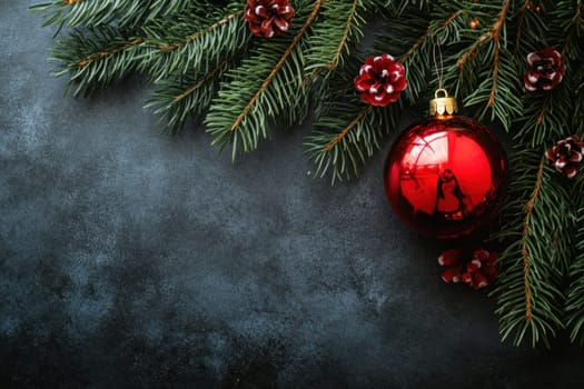 Pine branches adorned with a bright red ornament and pinecones create a festive atmosphere for the holiday season.