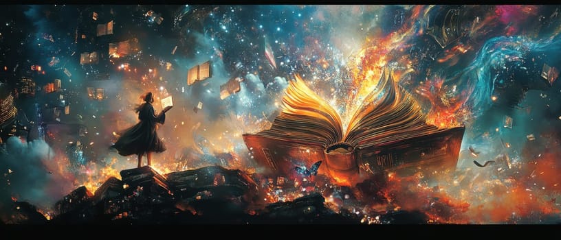 A person stands amidst a fantastical setting pointing at a massive glowing book surrounded by swirling colors and ethereal lights.