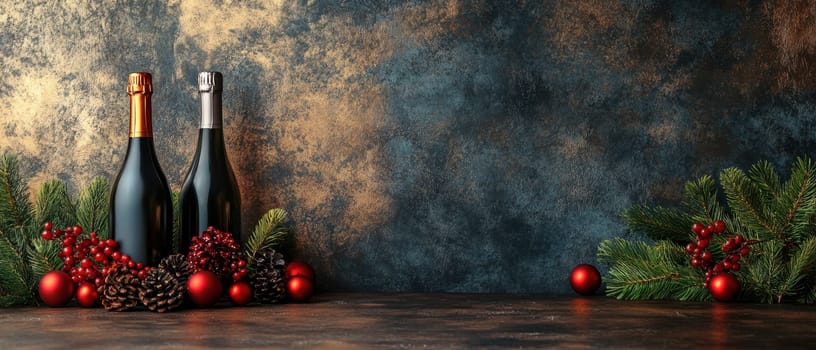 Two bottles of sparkling wine are displayed among festive decorations and greenery creating a perfect atmosphere for holiday celebrations.