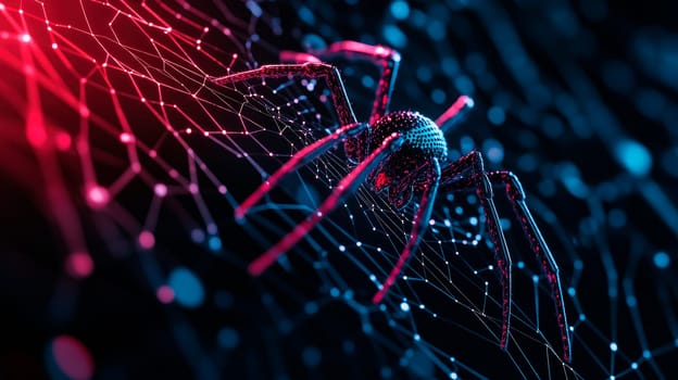 A spider build web on blurry digital technology background. Cyber attack concept.  AI generated