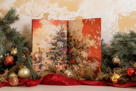 A beautifully arranged Christmas card sits amidst festive decorations showcasing a lush tree with ornaments and red and gold accents.