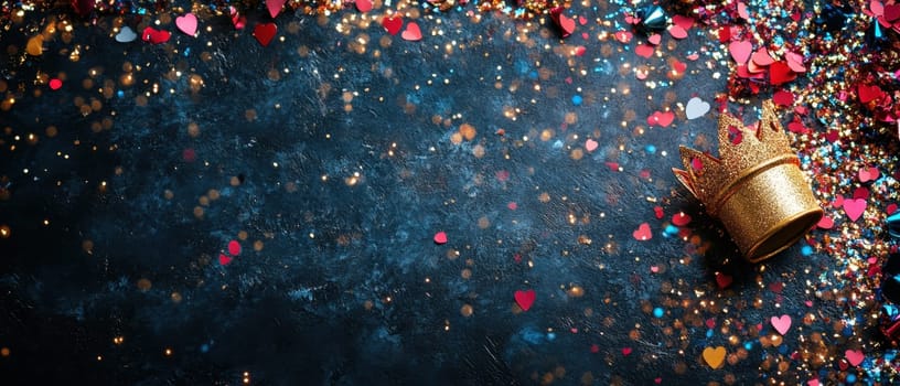 A golden crown rests on a dark surface scattered with vibrant heart shaped confetti and sparkles creating a festive atmosphere.