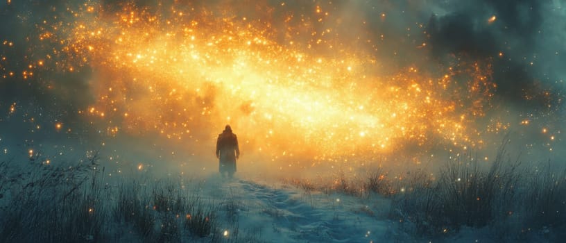 A person walks along a snowy path as flames engulf the horizon creating a dramatic contrast against the dark sky at twilight.