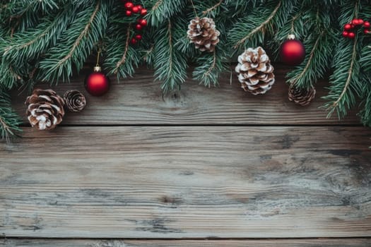 Pine branches adorned with red ornaments and pinecones create a cozy atmosphere perfect for holiday celebrations.