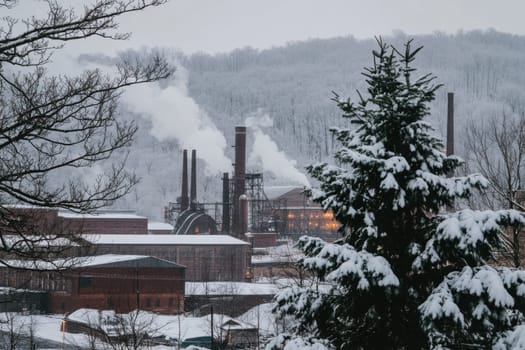 Snow blankets an industrial area with smokestacks surrounded by trees during a quiet wintry day. The scene emanates a chilly atmosphere.