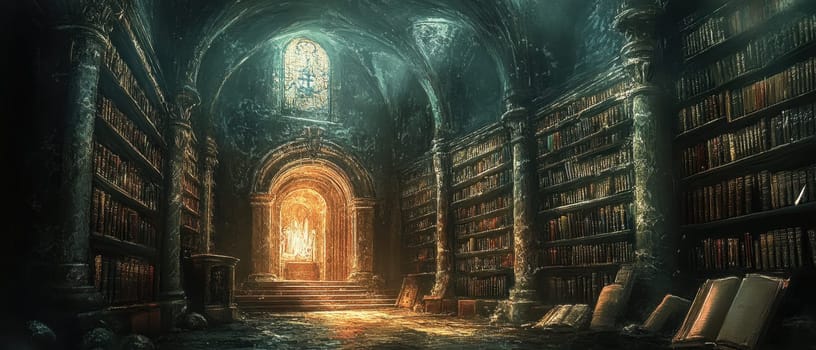 The vast library is filled with towering shelves of ancient books illuminated by warm golden light in a serene mystical atmosphere.