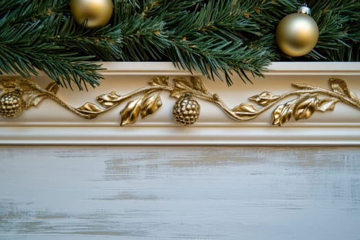 A festive garland adorned with golden balls and pine branches hangs gracefully capturing the joyful spirit of the holiday season.