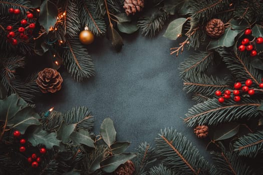 A beautifully arranged wreath featuring pine branches red berries and decorative pine cones creating a festive atmosphere for the holidays.