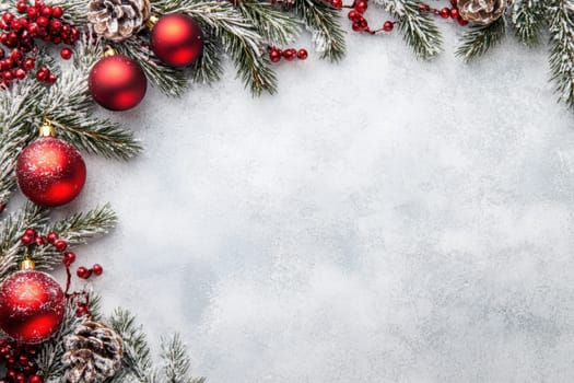 Decorative red ornaments and pine branches create a cozy winter atmosphere highlighting the seasonal spirit with natural elements.