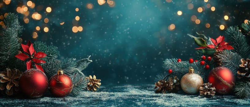 Christmas ornaments and greenery create a warm festive atmosphere with twinkling lights and a snowy backdrop perfect for the holiday season.