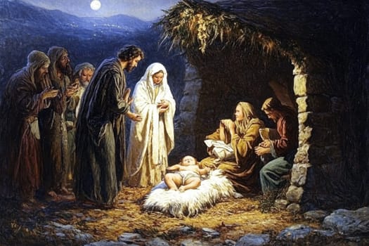 A group of figures gathers around the newborn baby illuminated by moonlight in a humble stable setting.