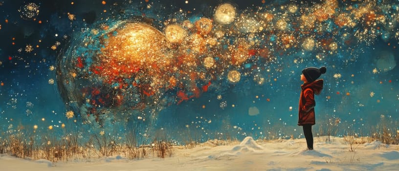 A young child stands in the snow captivated by a spectacular cosmic spectacle filled with vibrant colors and shimmering lights.