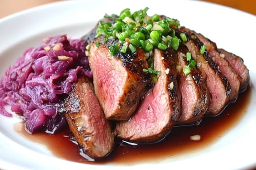 Duck fillet,red cabbage and apple mousse. AI generative.