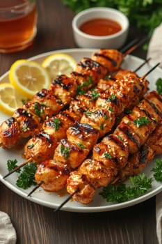 juicy honey chicken skewers . AI generative.