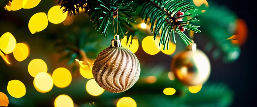 Sparkling ornament balls in vibrant gold hang from a lush spruce tree branch. Soft, warm lights twinkle enhancing festive spirit of Christmas. Happy New Year. Anamorphic  bokeh. Generative AI.
