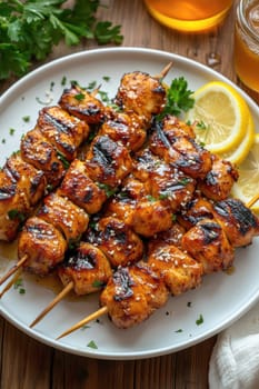 juicy honey chicken skewers . AI generative.