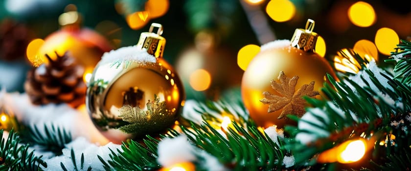 Sparkling ornament balls in vibrant gold hang from a lush spruce tree branch. Soft, warm lights twinkle enhancing festive spirit of Christmas. Happy New Year. Anamorphic  bokeh. Generative AI.