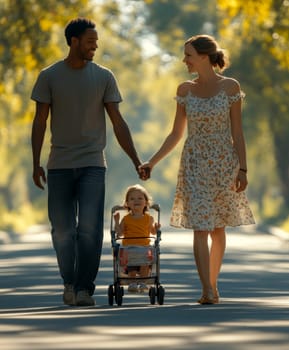 Woman and man on a walk with a child. AI generative.