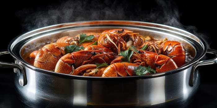 crawfish in a hot pot, full of red sauce . AI generative.